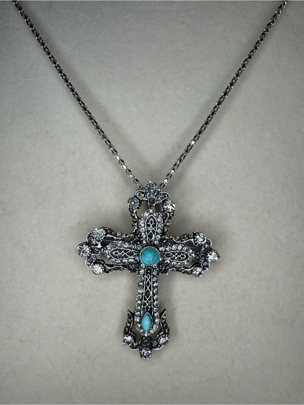 New Ornate Cross Pendant Brooch with Turquoise type stones